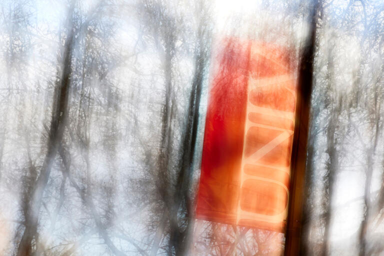 blurred image of red banner with trees in background